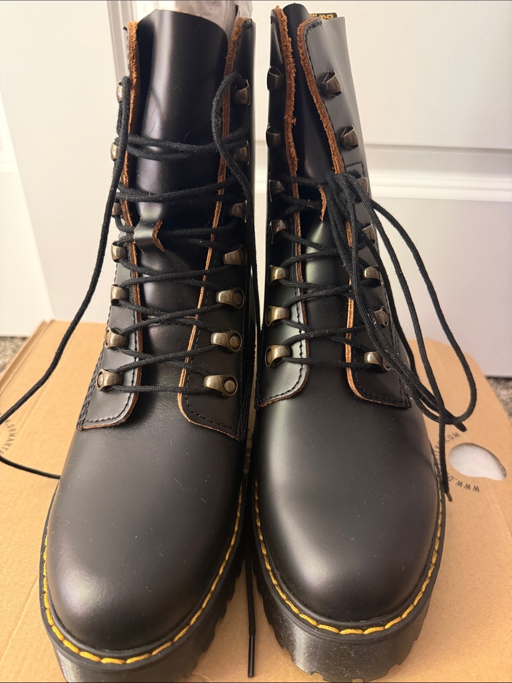 Dr. Martens Leona Vintage Smooth Black Lace-Up Platform with Yellow Stitching - Picture 5 of 9